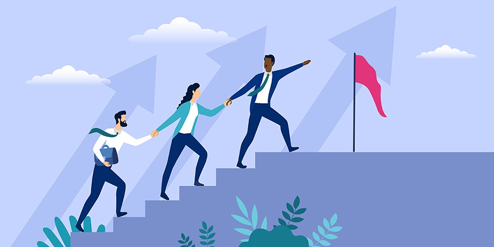 Illustrationen visar hur en person leder sina kollegor mot en målflagga.