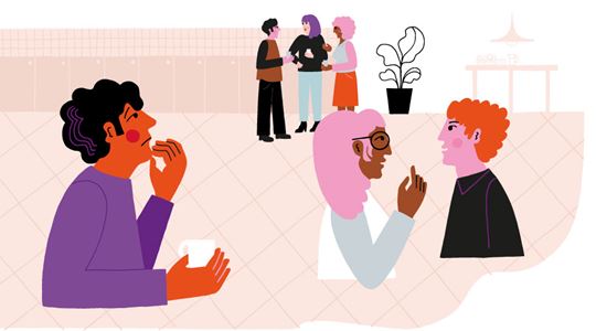 Illustration med grupper av människor som pratar med varandra. En person är ensam och verkar ha svårt att ta kontakt med de andra.