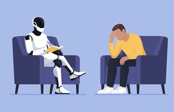 En illustration av en robot och en människa som sitter i varsin fåtölj och för ett samtal.