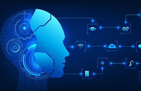 En AI-robothjärna i profil som tittar ut i cyberspace på olika symboler för förmågor.