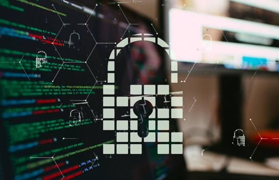 Mörk datorskärm med ett hänglås framför.