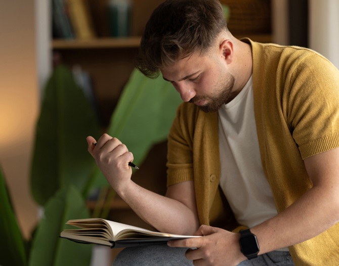En man sitter böjd över en anteckningsbok med en penna i handen.